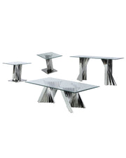 Modern 4 piece glass coffee table set with stainless steel bases, including a coffee table, end tables, and console table