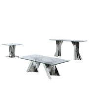 Three-piece modern glass coffee table set with geometric stainless steel base and tempered glass tops.