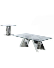 2 piece modern glass coffee table set with stainless steel base