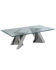 Modern glass coffee table with stainless steel geometric fan base