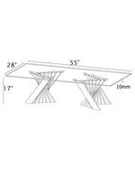 coffee table technical drawing with dimensions 55x28x17 inches, glass and steel base