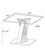 Modern 24-inch square glass end table with staggered stainless steel base and 10mm thick top, height 21.75 inches.