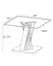 Modern 24-inch square glass end table with staggered stainless steel base and 10mm thick top, height 21.75 inches.