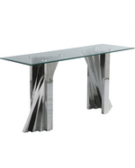 Modern geometric glass console table with sculpted stainless steel base