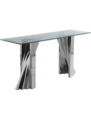 Modern geometric glass console table with sculpted stainless steel base