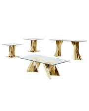 4 piece modern glass coffee table set with geometric gold stainless steel bases