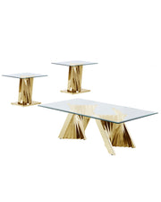 Modern glass coffee table set with geometric gold steel base, rectangular and square accent tables in champagne tone with mirrored faceted designs.