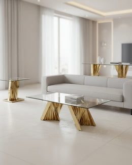 3 piece modern glass coffee table set with geometric gold stainless steel base in a light living room set