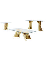 Set of 3 modern geometric glass tables with sculptural gold steel bases