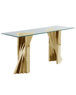 Modern gold stainless steel console table with geometric base and rectangular tempered glass top