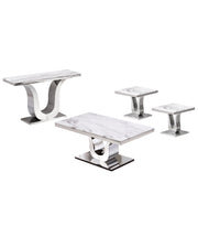 white marble coffee table set with stainless steel base