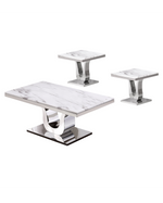 Modern 3-piece white marble coffee table set with polished stainless steel U-shaped base and grey marble veining