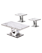 Modern 3-piece white marble coffee table set with polished stainless steel U-shaped base and grey marble veining