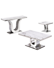White marble coffee table set with stainless steel base