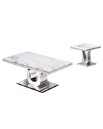 White marble 2 piece coffee table set with stainless steel base and matching end table