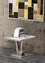 White marble end table with silver stainless steel base