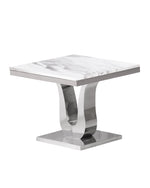Square white marble end table with polished stainless steel base