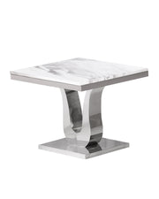 Square white marble end table with polished stainless steel base
