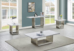 Marble coffee table and end table set with rectangular steel base, featuring modern stainless silver designs in bright living room.