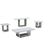 4 piece white marble coffee table set with rectangular steel base and slatted metal detailing in silver finish