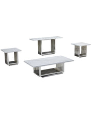 4 piece white marble coffee table set with rectangular steel base and slatted metal detailing in silver finish