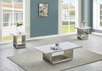 3 piece marble coffee table set with silver rectangular steel base including matching end tables in modern living room interior.