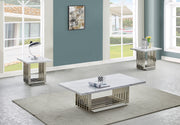 3 piece marble coffee table set with silver rectangular steel base including matching end tables in modern living room interior.