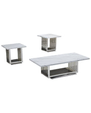 Set of three white marble coffee and side tables with rectangular silver steel bases