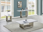 3 piece white marble coffee table set with rectangular chrome metal slat base in silver finish 
