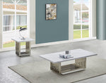 White marble rectangle coffee table and side table set with modern silver steel base