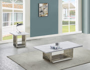 White marble rectangle coffee table and side table set with modern silver steel base