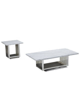 2 piece modern silver coffee table set with rectangular steel base and white veined tops.