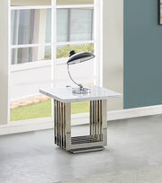 Modern white marble end table with rectangular stainless steel base
