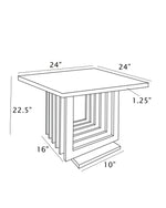 marble end table with rectangle steel base technical drawing showing 24-inch square top dimensions.