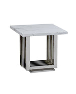 Marble end table with square top and polished steel base in silver finish