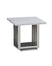 Marble end table with square top and polished steel base in silver finish