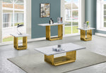 4 piece modern white marble coffee table set featuring gold rectangular steel bases for elegant living room decor.