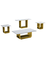 Four-piece marble coffee table set with gold rectangular steel slat base