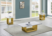 3 piece modern white marble coffee table set with rectangle gold steel base on gray rug