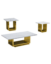 3-piece coffee table set featuring white marble tops with grey veins and gold rectangular metal ribbed bases