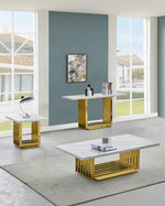 Modern 3 piece white marble coffee table set featuring a geometric gold steel base.