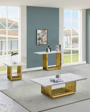Modern 3 piece white marble coffee table set featuring a geometric gold steel base.
