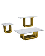 White marble coffee table set with rectangular gold steel base
