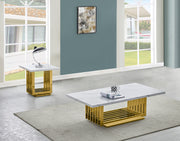 2 piece marble coffee table set featuring gold steel base on light rug.