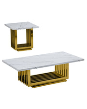 2 piece white marble coffee table set with gold metallic slatted steel base