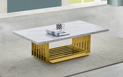 Rectangular white marble coffee table with gold steel base and modern geometric design