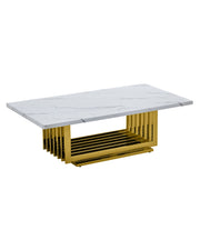 Coffee table with white marble top and modern gold metallic slat base