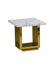 Modern marble top end table with geometric gold steel base, rectangular design.