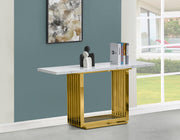White Marble Console Table with Gold Vertical Stripe Steel Base.