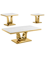 CT320 - 2 White Marble Coffee Table Set With Gold Stainless Steel Base by Quality Living Furniture